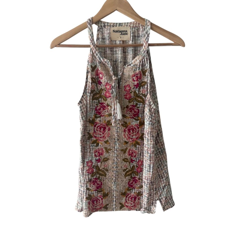 Savanna Jane Embroidered Rose Boho Tank Top Pink Plaid Size S Rayon Tassel Neck
